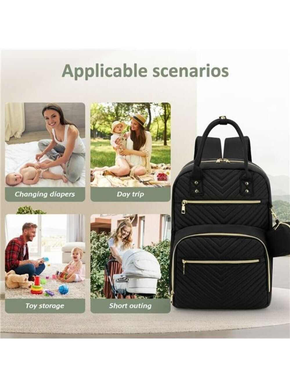 Diaper Bag Backpack Large Capacity Baby Travel Bag with Pacifier Holder Black - Picture 7 of 8